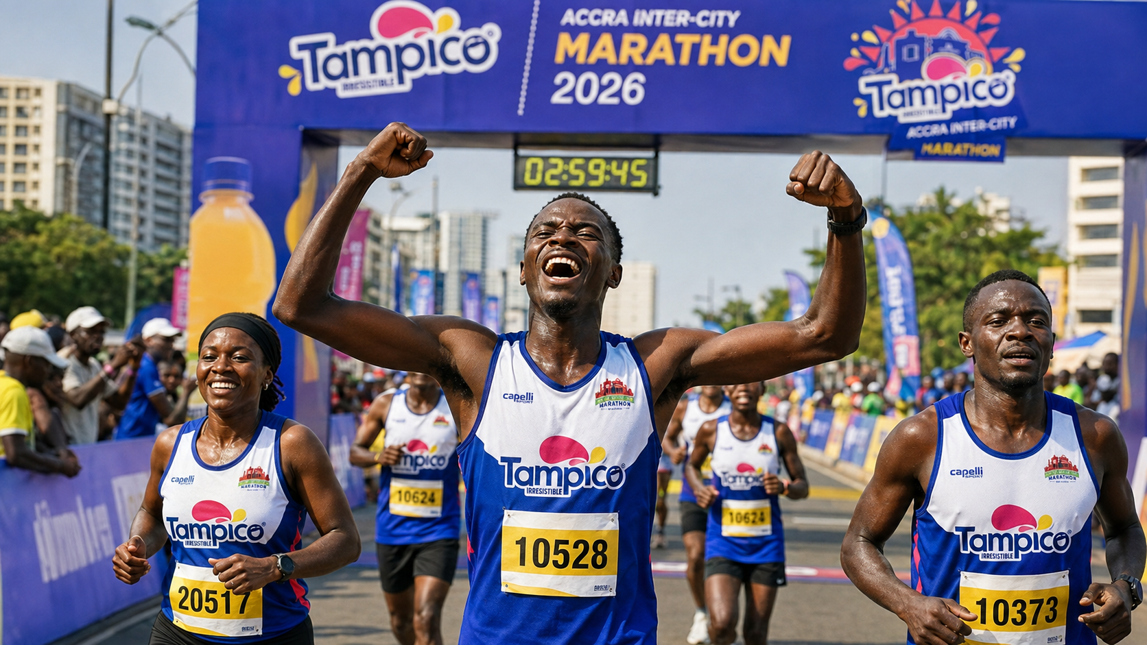 Runners celebrating at the Tampico Accra Inter-City Marathon finish line